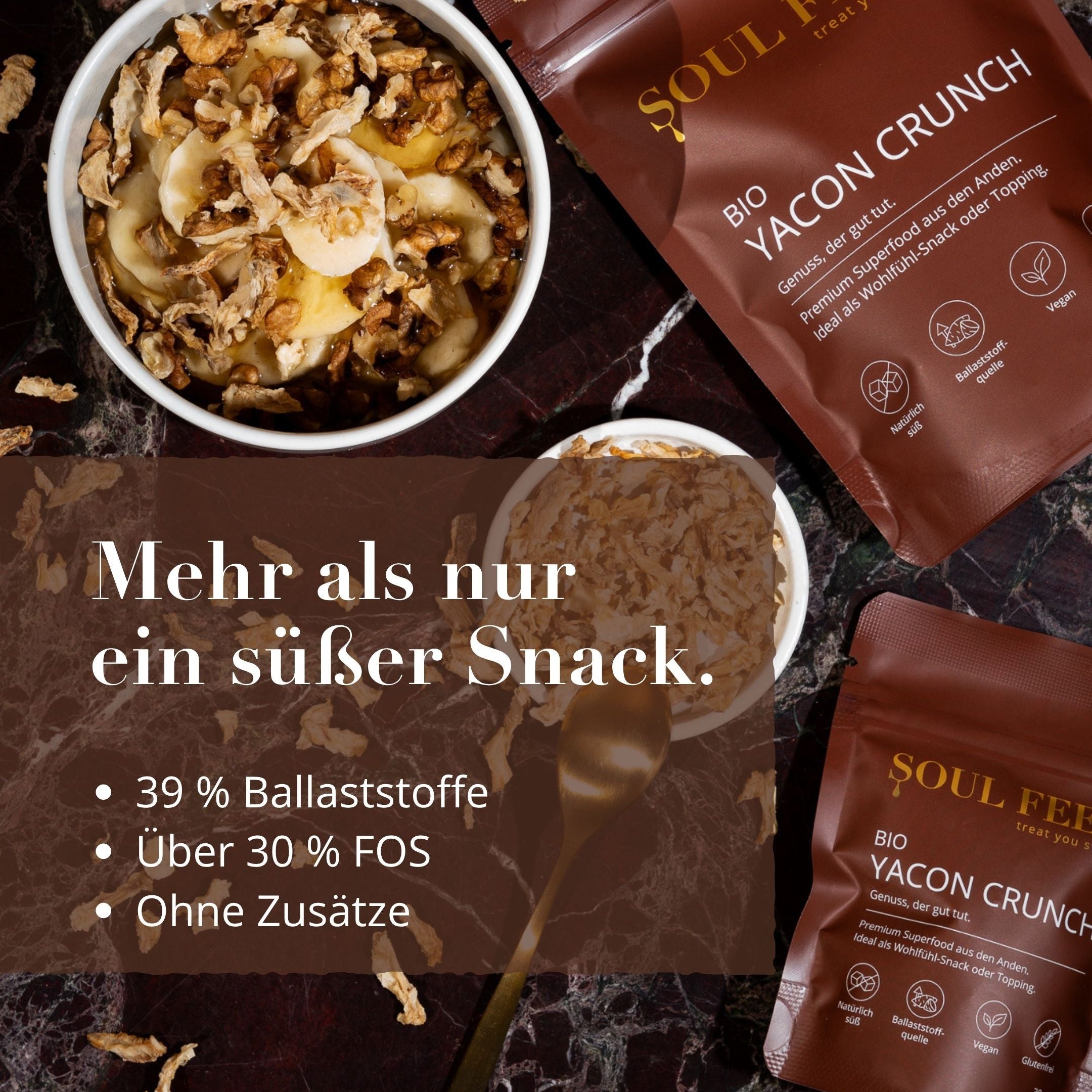 Yacon Crunch als Porridge mit den Benefits. 39 % Ballaststoffe. Über 30 % FOS. Ohne Zusätze.