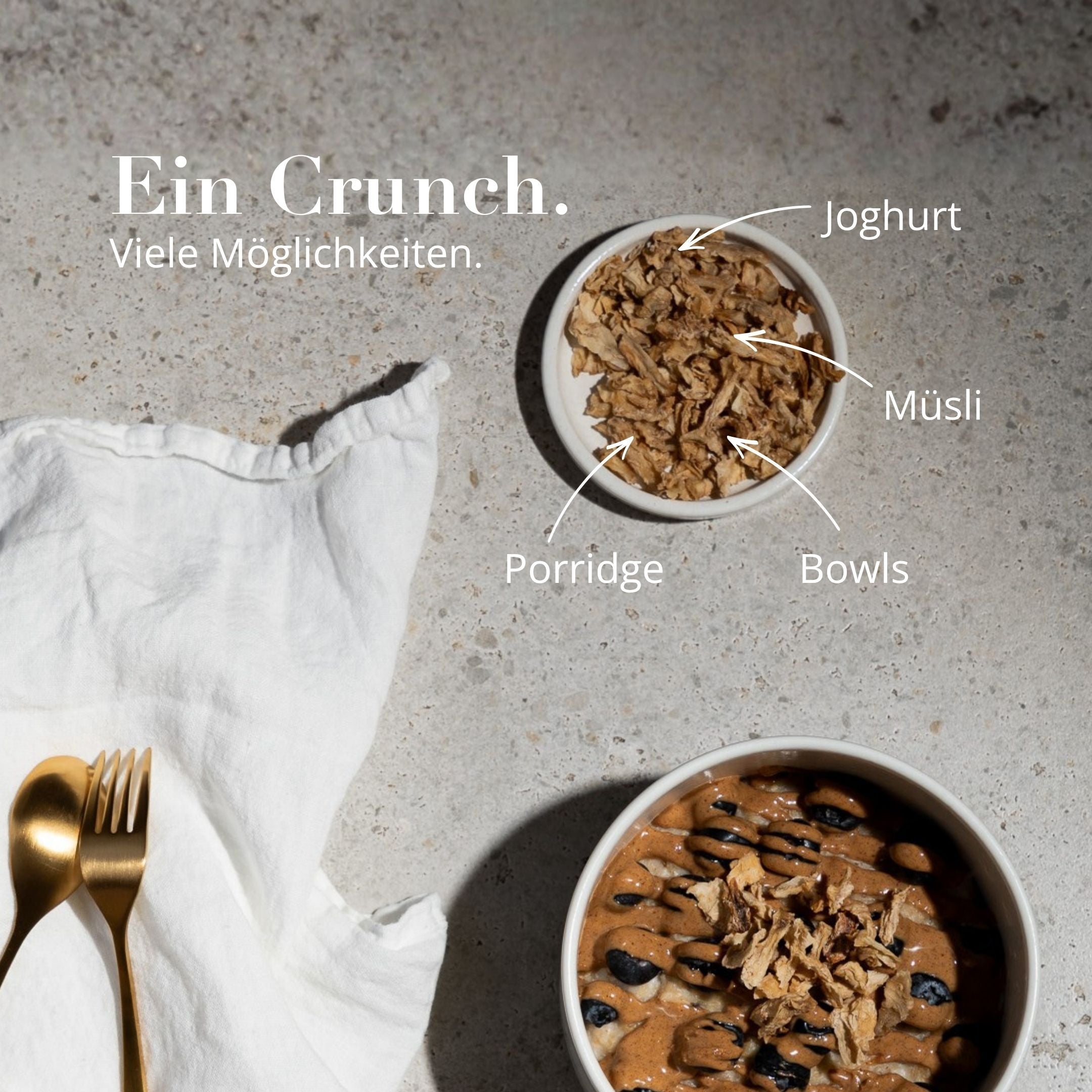 Soul Feed Yacon Crunch passt perfekt zu Joghurt, Müsli, Bowls und Porridge.